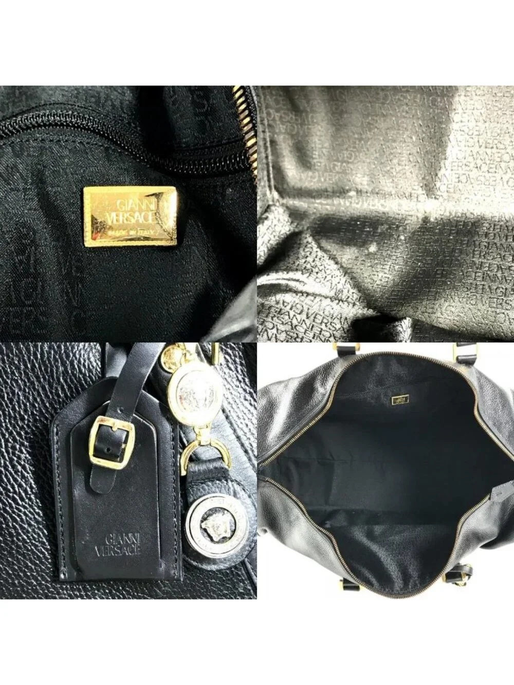 Versace Handbag Sunburst Logo Leather Black